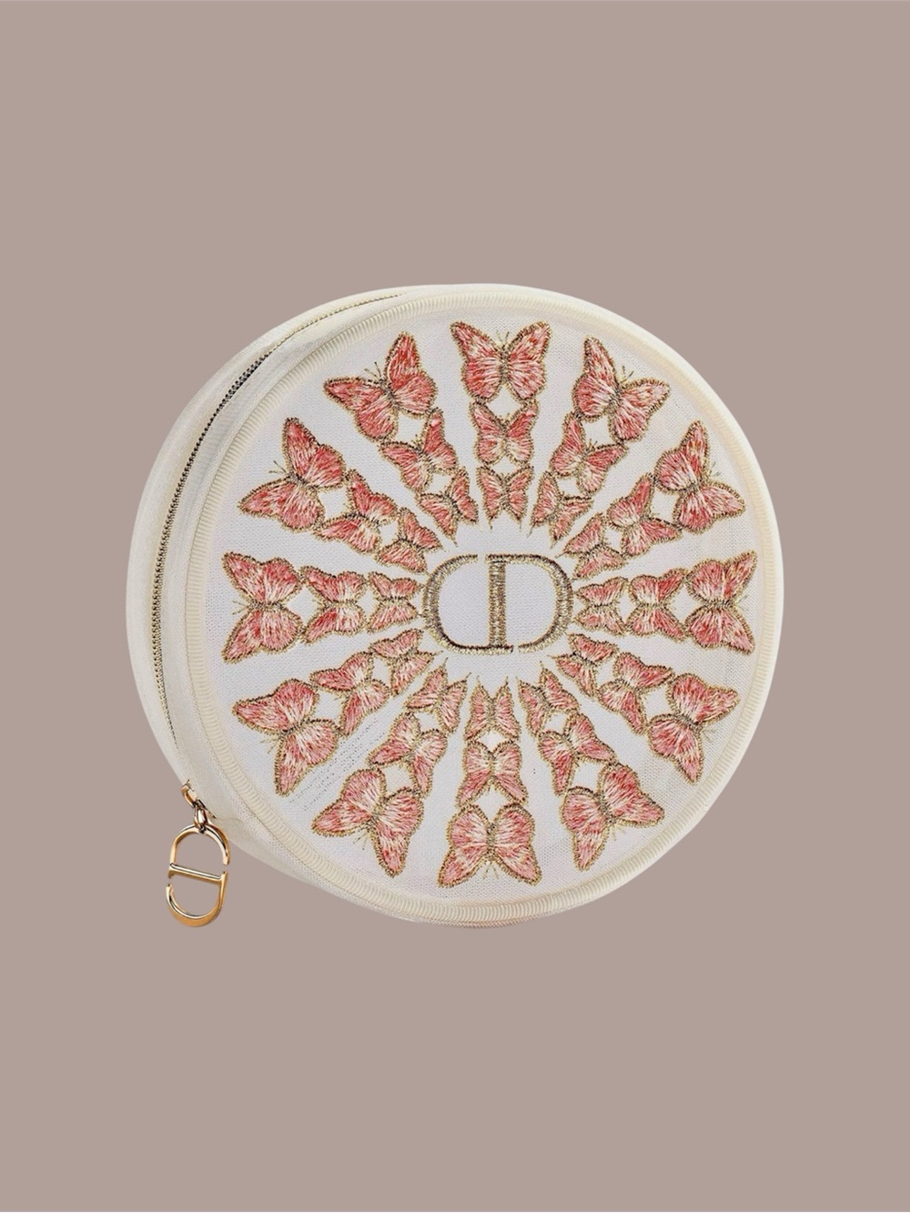 Ivory-Pink Dior Beauty (Mesh/Embroidered) Butterfly Round Cosmetic-Makeup Bag